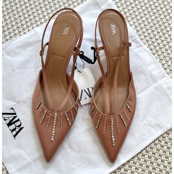 ZARA BLOGGER FAVE!!! Rhinestone Embellished Slingback Heels NWT 🤎 - Picture 13 of 16